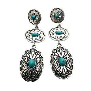Western Concho Style Silver Tone Pierced Earrings Blue Faux Turquoise 3 Inch